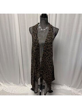 Crepas Leopard Print Open Front Vest Womens Sz 2X Longline Lightweight Cardigan